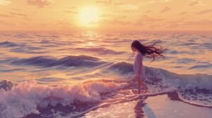 A-small-lonely-girl-standing-at-the-edge-of-the-ocean-during-golden-_sunset-waves-gently-touching-her-feet-long-hair-blowing-in-the-wind-_melancholic-yet-peaceful-expression-warm-orange-and-purple-sunset-tones-_soft-watercolor-illustra