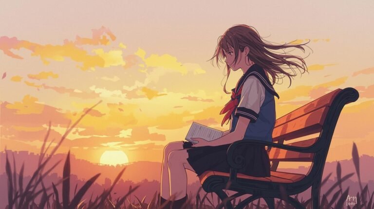 A-teenage-girl-sitting-alone-on-a-park-bench-at-golden-sunset-_notebook-on-her-lap-wind-blowing-through-her-hair-_warm-amber-and-soft-purple-sky-school-uniform-_peaceful-yet-melancholic-atmosphere-soft-watercolor-illustration-style-_