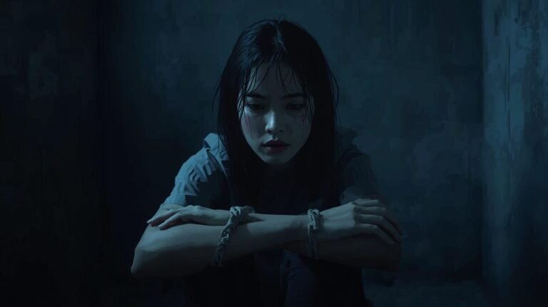 A-young-Indonesian-woman-sitting-alone-in-a-dark-room-chained-wrists-_dim-light-casting-shadows-tears-on-her-face-cinematic-dramatic-lighting-_digital-art-emotional-and-haunting-atmosphere-dark-blue-and-grey-tones