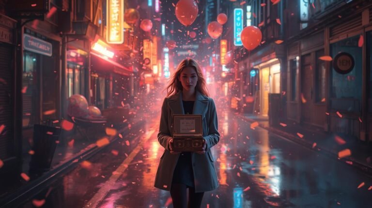 A-young-woman-walking-alone-through-a-glowing-neon-city-at-night-_holding-an-antique-music-box-soft-golden-and-pink-neon-reflections-_on-wet-streets-dreamlike-surreal-atmosphere-floating-glowing-balloons-_and-confetti-that-never-falls-